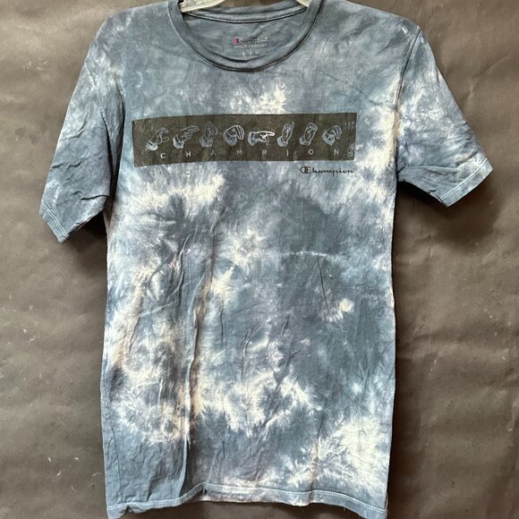 Champion Tie Dyed Cotton Tee Shirt Sign Language Black Tied Dyed Blue Size Small - Picture 1 of 6